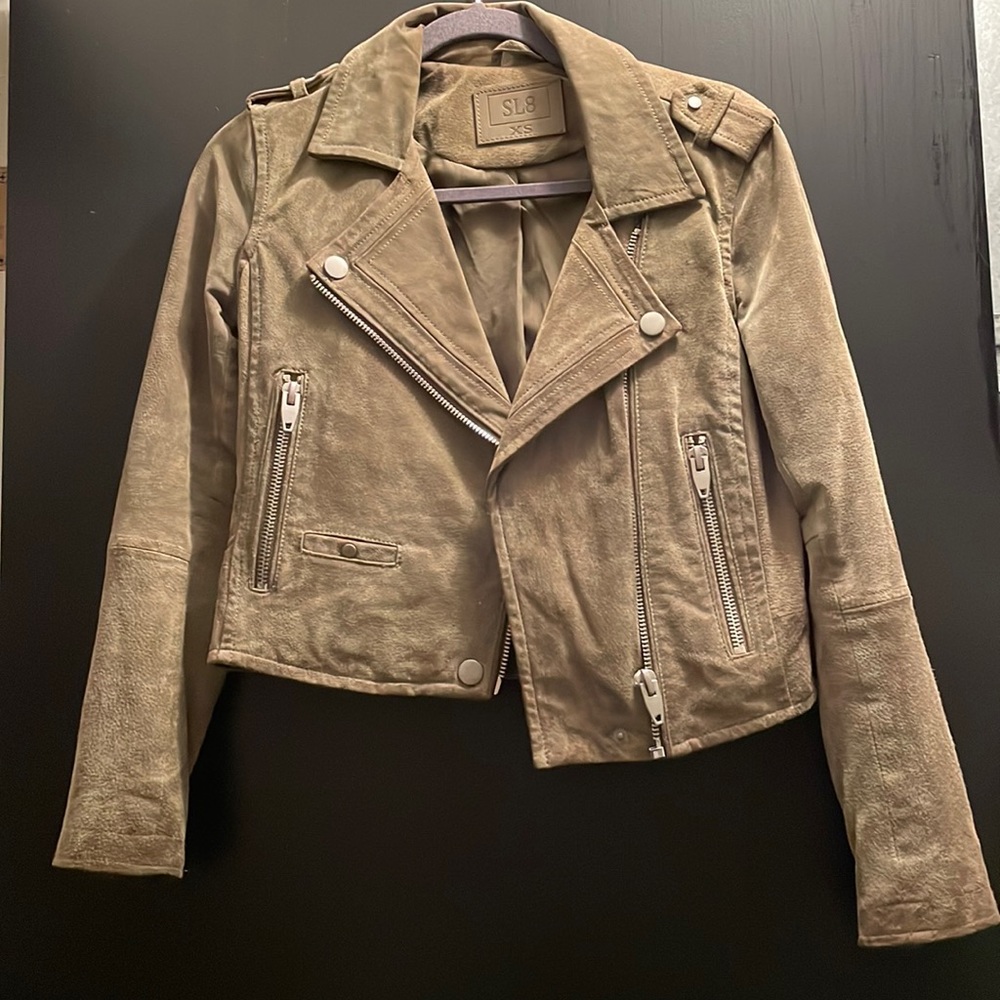 Khaki Green Suede Cropped Moto Jacket